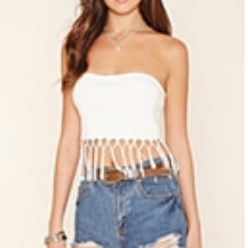 Forever 21 Strapless White Fringed Crop Top